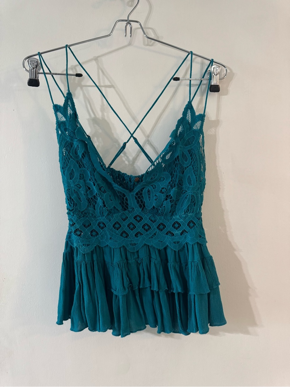 Free People Teal Lace-Trim Ruffled Cami Top